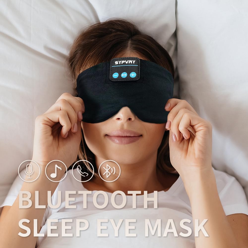 Bluetooth 5.4 Wireless Sleep Mask with Integrated Headphones and Microphone - Soft Blackout Eye Mask (Black M)